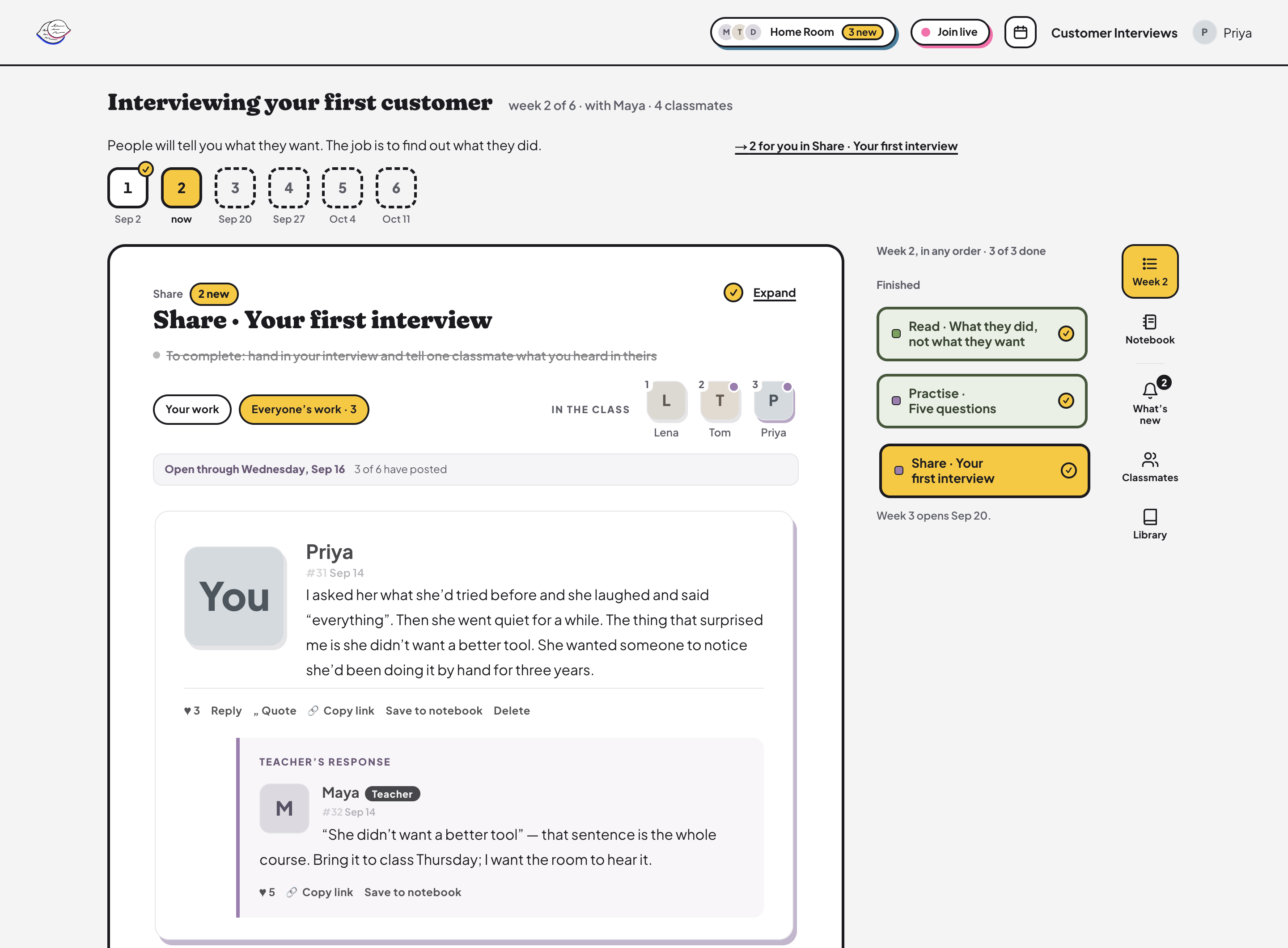 A class in LearnParty: this week’s Share with its window still open, a student’s interview write-up, and the teacher’s reply under it.
